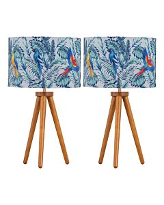 Set of 2 Dark Oak Table Lamp or Bedside Lights with Parrot Shades