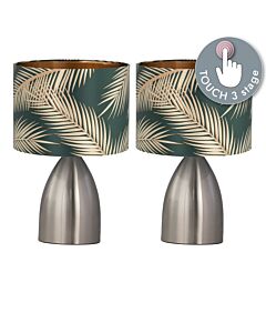 Set of 2 Valentina - Brushed Chrome Touch Lamps with Green Embossed Shades