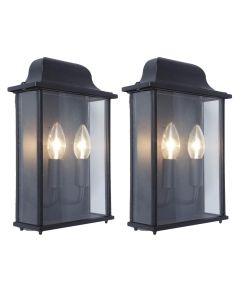 Set of 2 Holly - Black Clear Glass 2 Light IP44 Outdoor Half Lantern Wall Lights