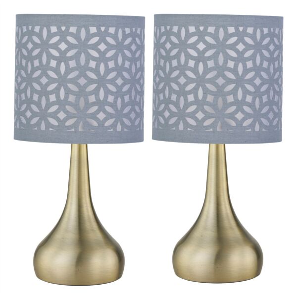 Set of 2 Romana - Antique Brass Touch Table Lamps Grey Laser Cut Shade