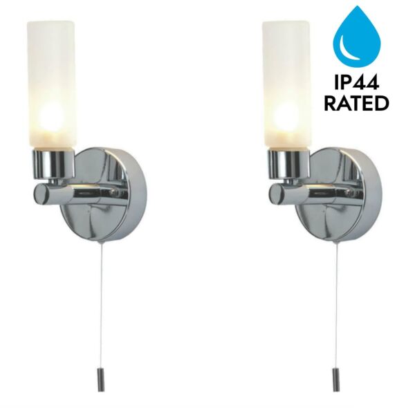 Set of 2 Polished Chrome IP44 Bathroom Wall Light With Pull Cord Switch