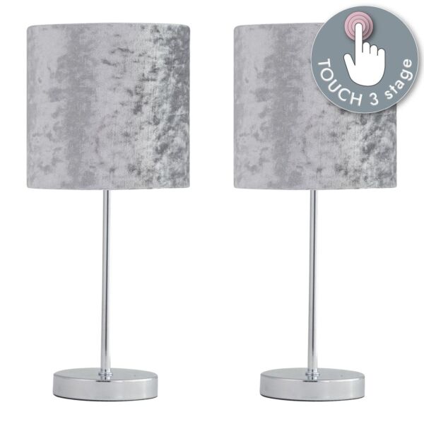 Set of 2 Chrome Touch Operated Table Lamp with Grey Crushed Velvet Shades