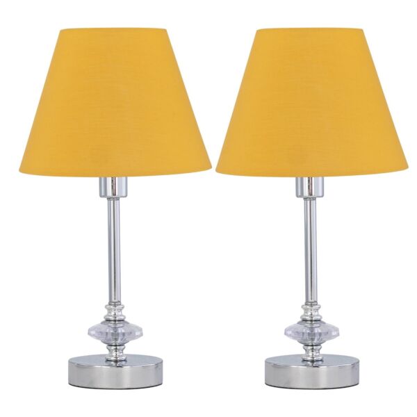 Set of 2 Chrome Jewelled Table Lamps with Ochre Yellow Shades