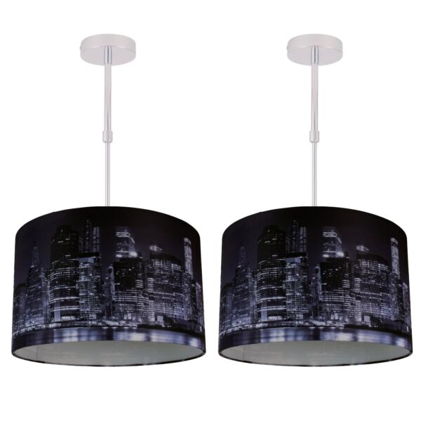 Set of 2 Digitally Printed Shade with New York City Skyline 320mm Diameter Adjustable Flush