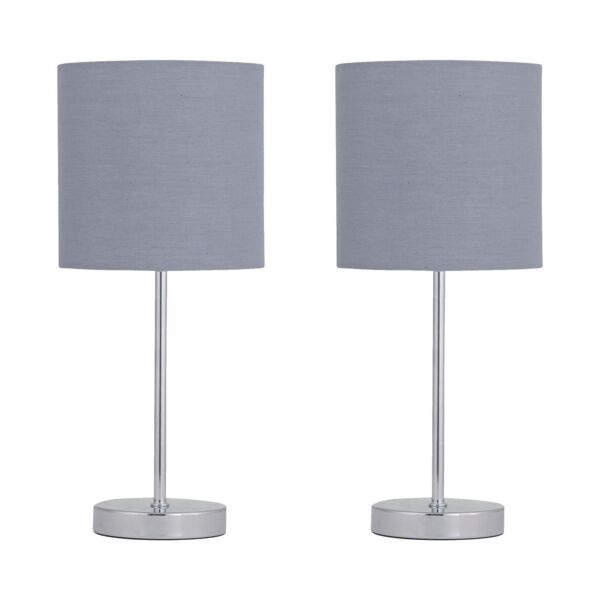 Set of 2 Chrome Stick Table Lamps with Grey Cotton Shades