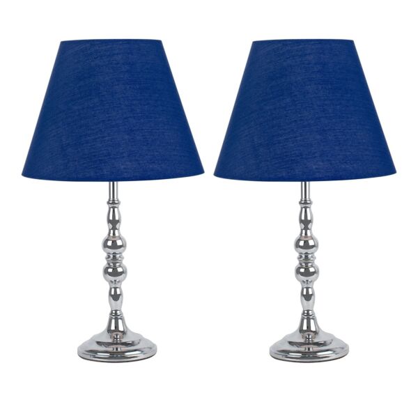 Set of 2 Chrome Table Lamps with Decorative Stem and Navy Blue Shades