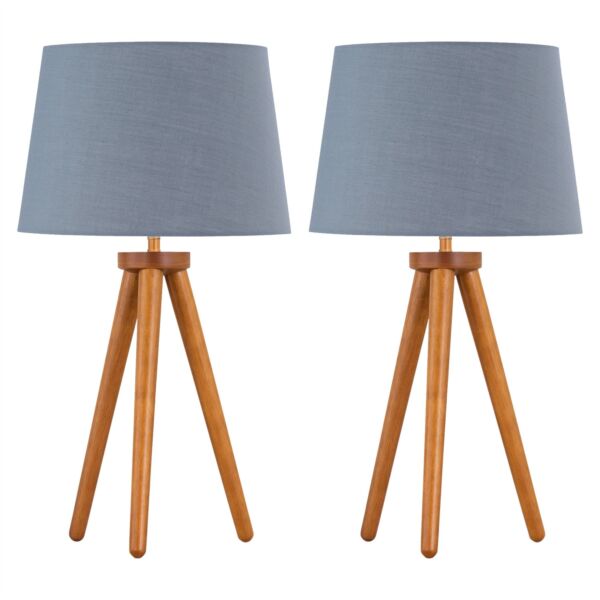 Set of 2 Dark Oak Table Lamp or Bedside Lights with Grey Shades