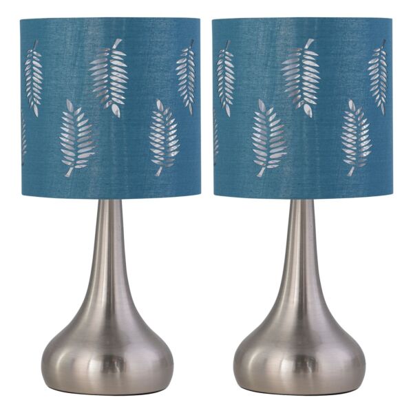 Set of 2 Romana - Brushed Chrome Touch Operated Table Lamps Bedside Lights Teal Fern Shade