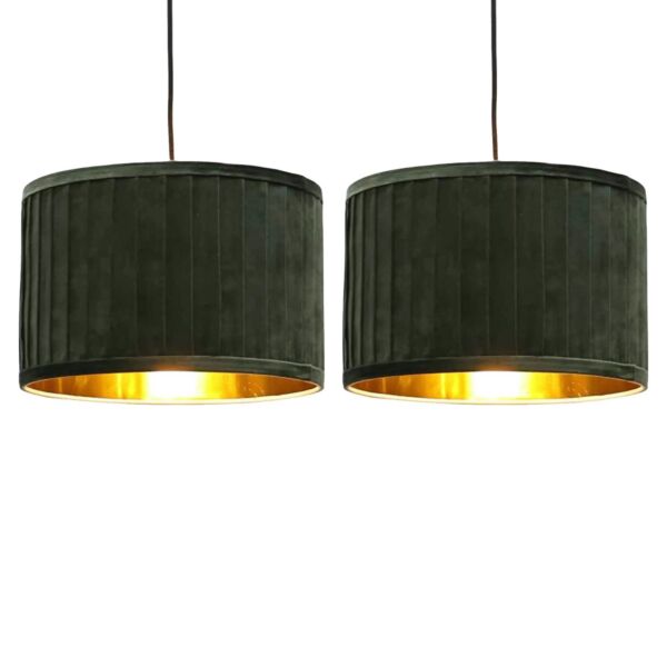 Set of 2 Sundance - Dark Green Velvet Pleated 30cm Lamp Shades with Gold Inner