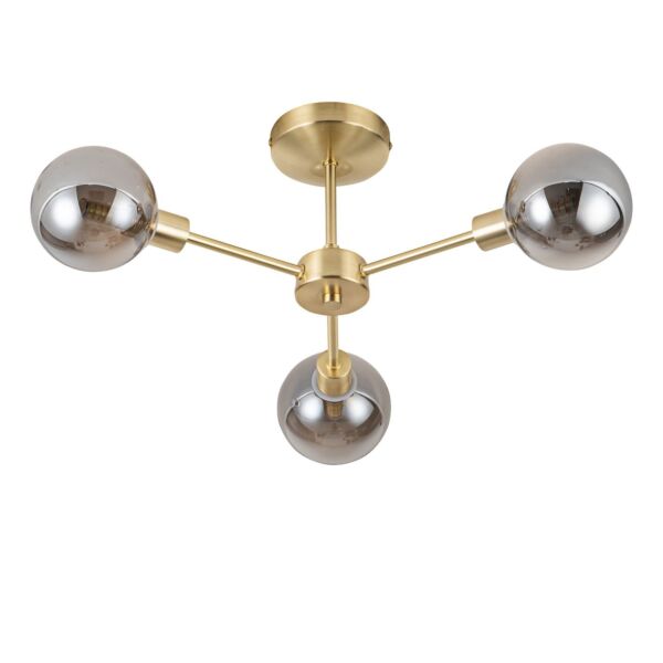 Toner - Satin Brass with Smoke Glass Globes 3 Light Flush Ceiling Light