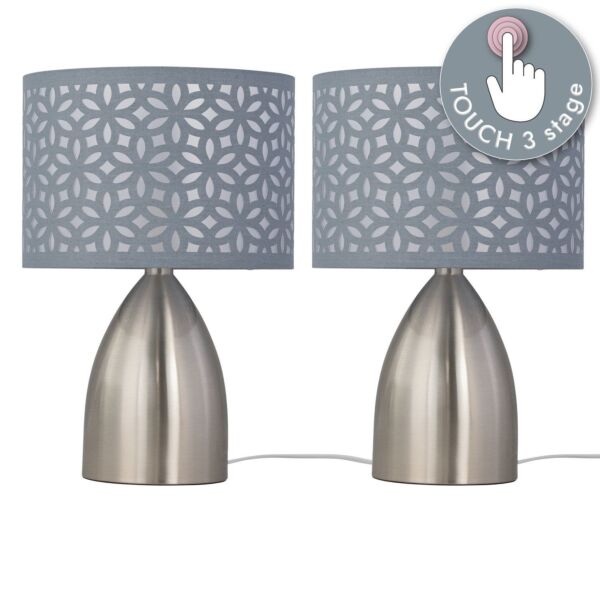 Set of 2 Valentina - Brushed Chrome Touch Lamps with Grey Cut Out Shades