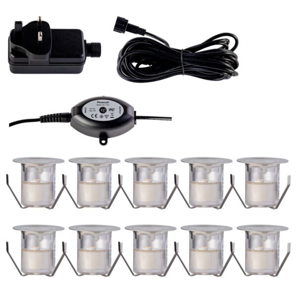 Set of 10 - 30mm Stainless Steel IP67 Warm White LED Plinth Decking Kit with Dusk til Dawn Photocell Sensor