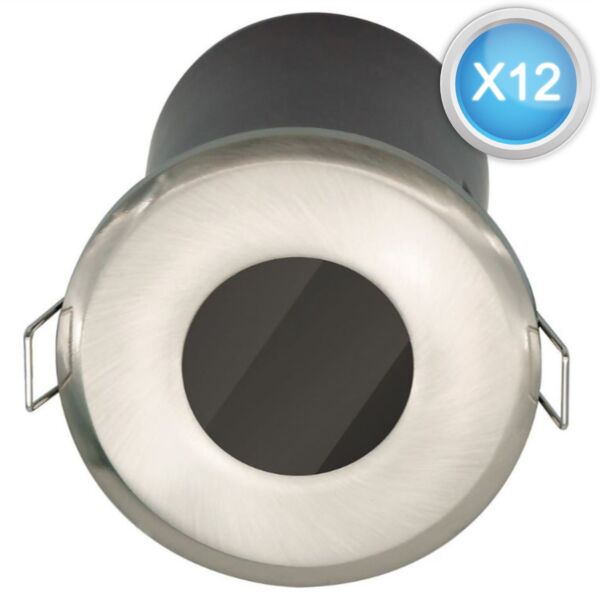 Set of 12 Fire Rated Bathroom Downlights - Brushed Steel IP65 Recessed Downlight