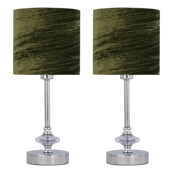 Set of 2 Chrome Jewelled Table Lamp with Green Crushed Velvet Shades