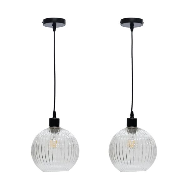 Set of 2 Betchley - Clear Ribbed Glass Globe with Black Pendant Fittings