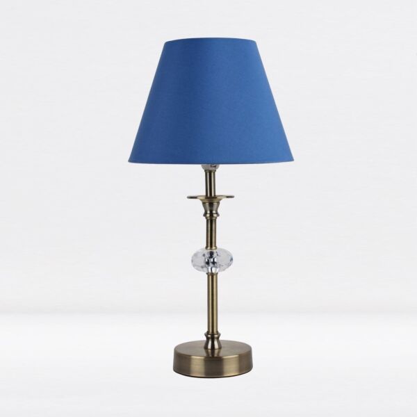 Antique Brass Plated Stacked Bedside Table Light Faceted Detail Blue Fabric Shade