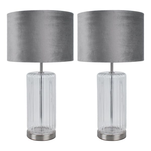 Set of 2 Clear Fluted Glass Lamps with Grey Velvet Shades