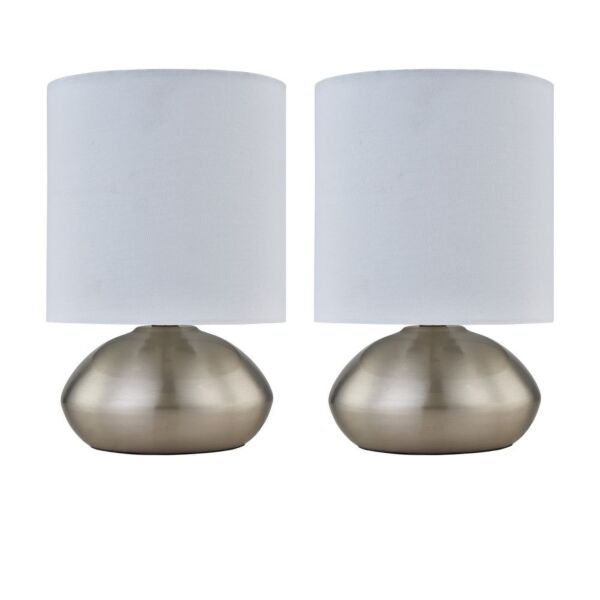 Set of 2 Oregon - Brushed Chrome 23cm Touch Lamps with White Shades