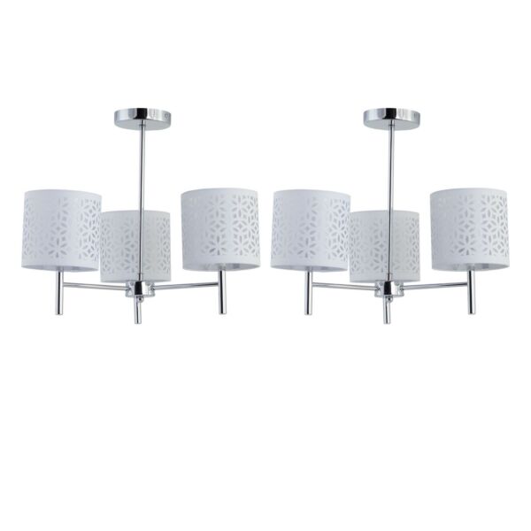 Set of 2 Brea - Chrome 3 Light Fittings with White Cut Out Shades