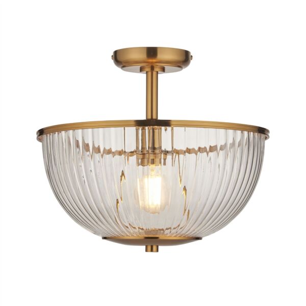 Endon Lighting - Somerset - 118750 - Vintage Brass Clear Ribbed Glass Flush Ceiling Light