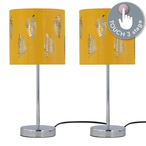 Set of 2 Chrome Touch Operated Table Lamps with Ochre Mustard Fern Shades