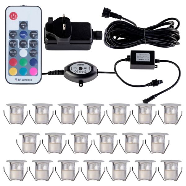 Set of 20 - 30mm Stainless Steel IP67 RGB Colour Changing LED Plinth Decking Kit with Dusk til Dawn Photocell Sensor