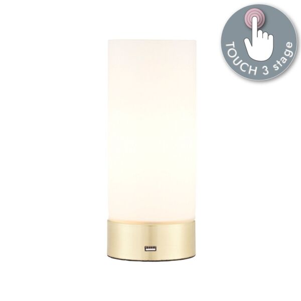 Endon Lighting - Dara - 69520 - Brushed Brass Opal Glass Touch USB Power Output Table Lamp