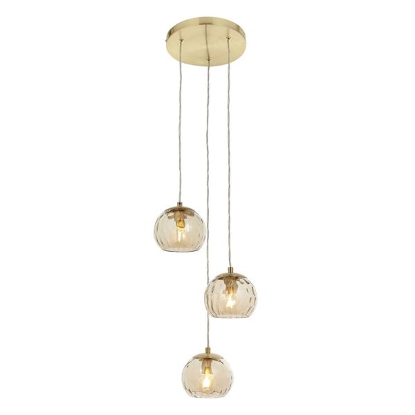 Endon Lighting - Dimple - 91971 - Satin Brass Clear Champagne Glass 3 Light Ceiling Pendant Light