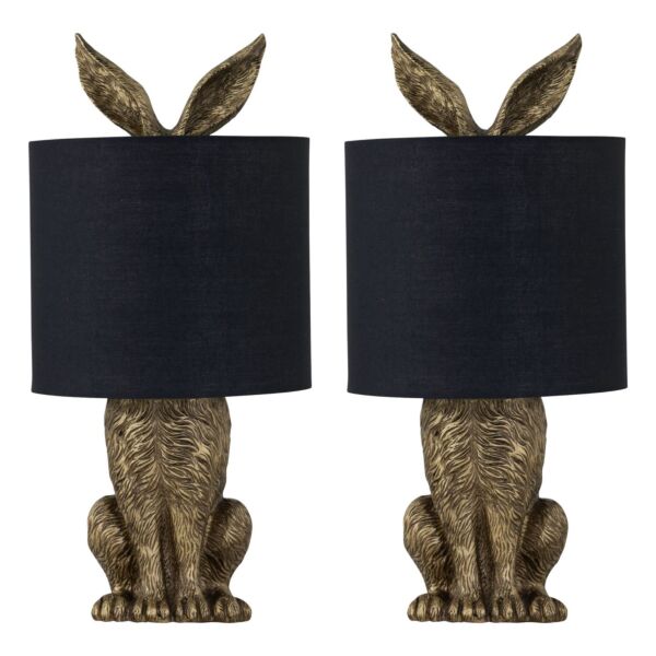 Set of 2 Babs - Antique Gold Hare Table Lamps With Black Fabric Shade