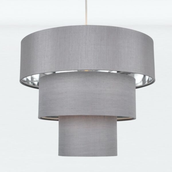 Easy Fit Staggered 3 Tier Grey Faux Silk Slub Fabric Shade with Chrome Board Inner