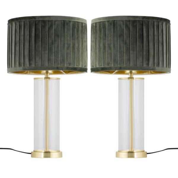 Set of 2 Aura - Satin Brass Lamps with Green Pleated Velvet Shades