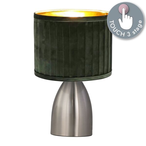 Valentina - Brushed Chrome Touch Lamp with Green Pleated Velvet Shade