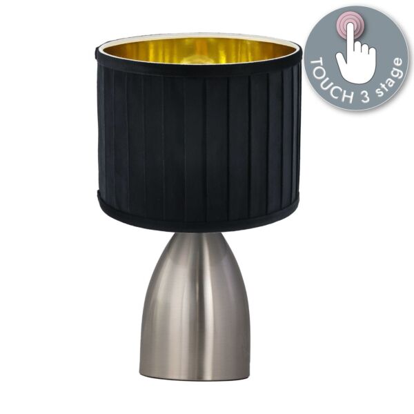 Valentina - Brushed Chrome Touch Lamp with Black Pleated Velvet Shade