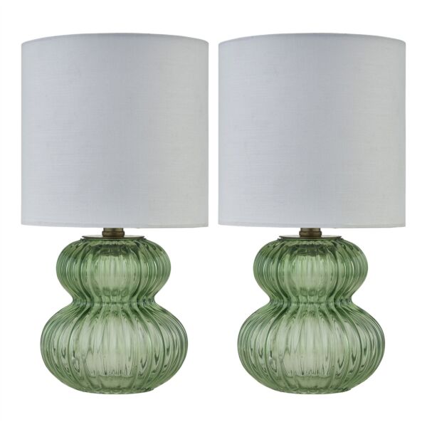 Walter - Set of 2 Green Ribbed Glass 29cm Table Lamps with White Shade