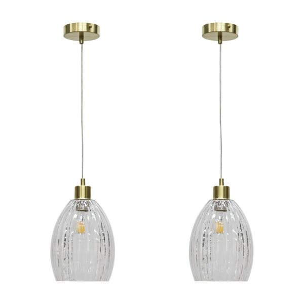 Set of 2 Birch - Clear Fluted Glass with Satin Brass Pendant Fittings