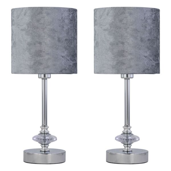 Set of 2 Chrome Jewelled Table Lamp with Grey Crushed Velvet Shades