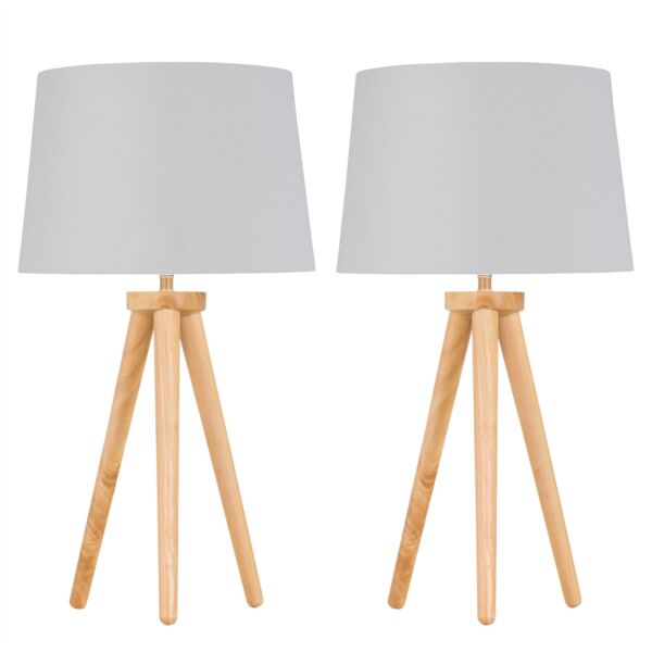 Set of 2 Light Oak Table Lamp Bedside Lights with White Silver Shade
