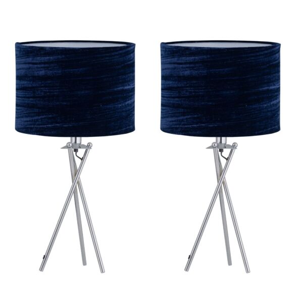 Set of 2 Chrome Tripod Table Lamps with Navy Blue Crushed Velvet Shades