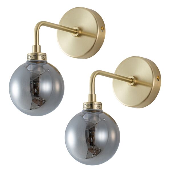 Set of 2 Toner - Satin Brass with Smoked Glass Globe Wall Lights