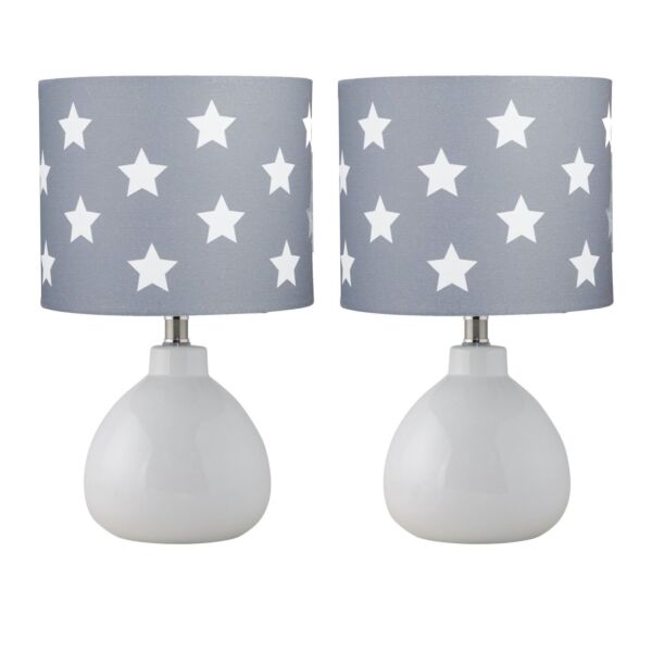 Set of 2 Tuscan - White Ceramic Lamps with Grey & White Stars  Shade