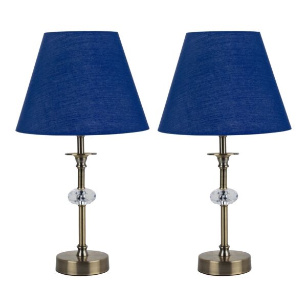 Set of 2 Antique Brass Lamps with Facet Detail and Navy Blue Shades