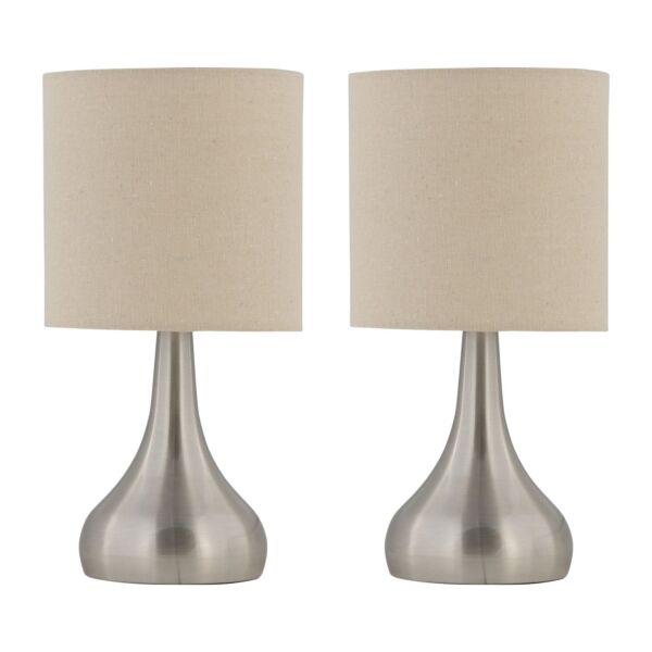 Set of 2 Romana - Brushed Chrome Touch Operated Table Lamp with Natural Linen Shades