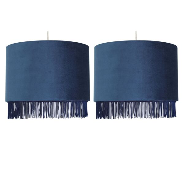 Set of 2 Fringed - Navy Blue 38cm Fringed Velvet Pendant Shades