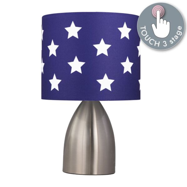 Valentina - Brushed Chrome Touch Lamp with Blue & White Stars Shade