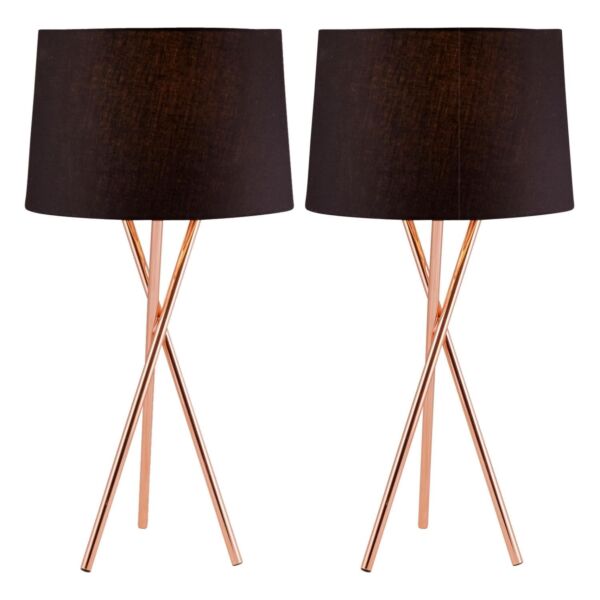 Pair Copper Tripod Table Lamp with Black Fabric Shade