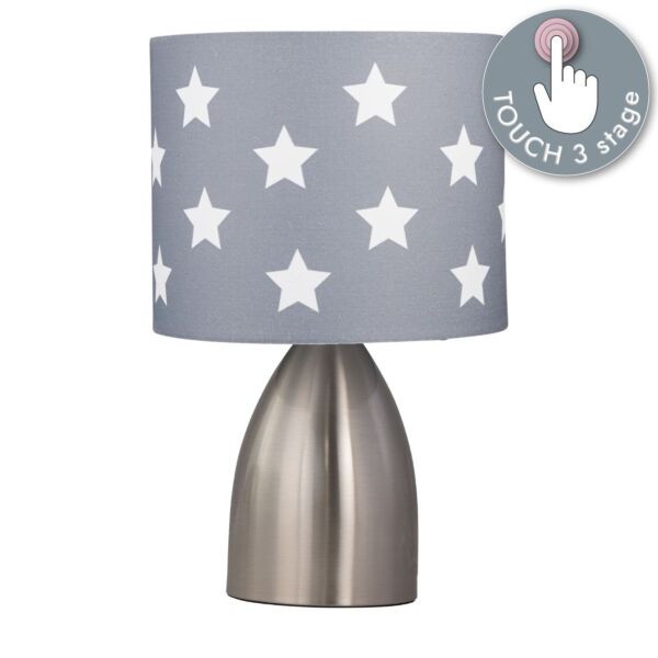 Valentina - Brushed Chrome Touch Lamp with Dark Grey & White Stars Shade