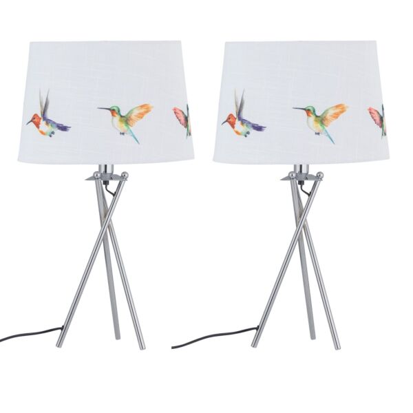 Set of 2 Hummingbird - Chrome Tripod Table Lamps with Linen Bird Print Shades