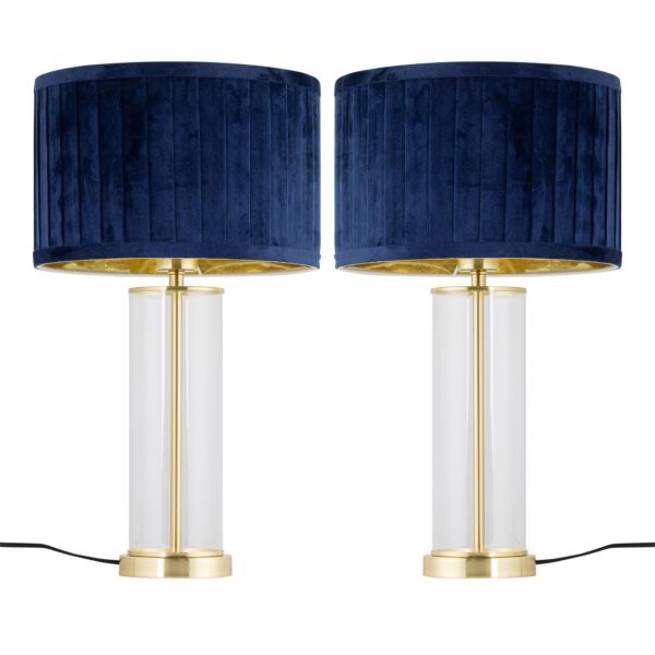 Set of 2 Aura - Satin Brass Lamps with Navy Blue Pleated Velvet Shades