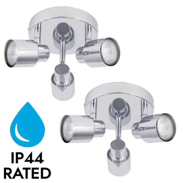 Pair of Chrome 3 Light IP44 Bathroom Round Spotlight Plates