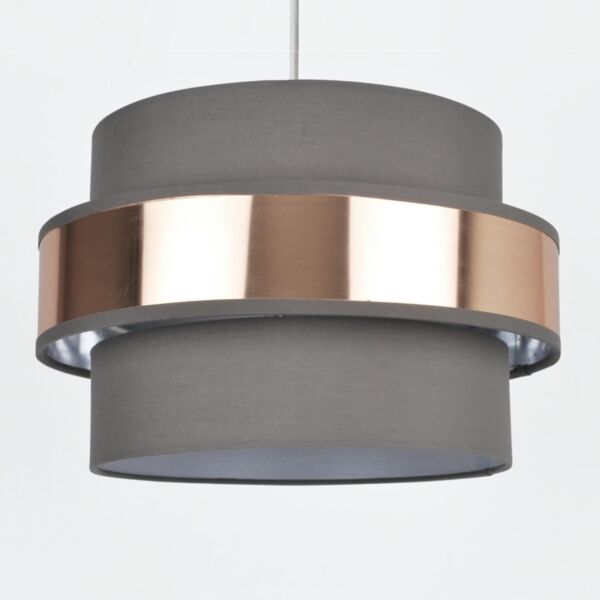 Easy Fit 2 Tier Grey Fabric & Brushed Copper Plated Banded Ceiling Shade